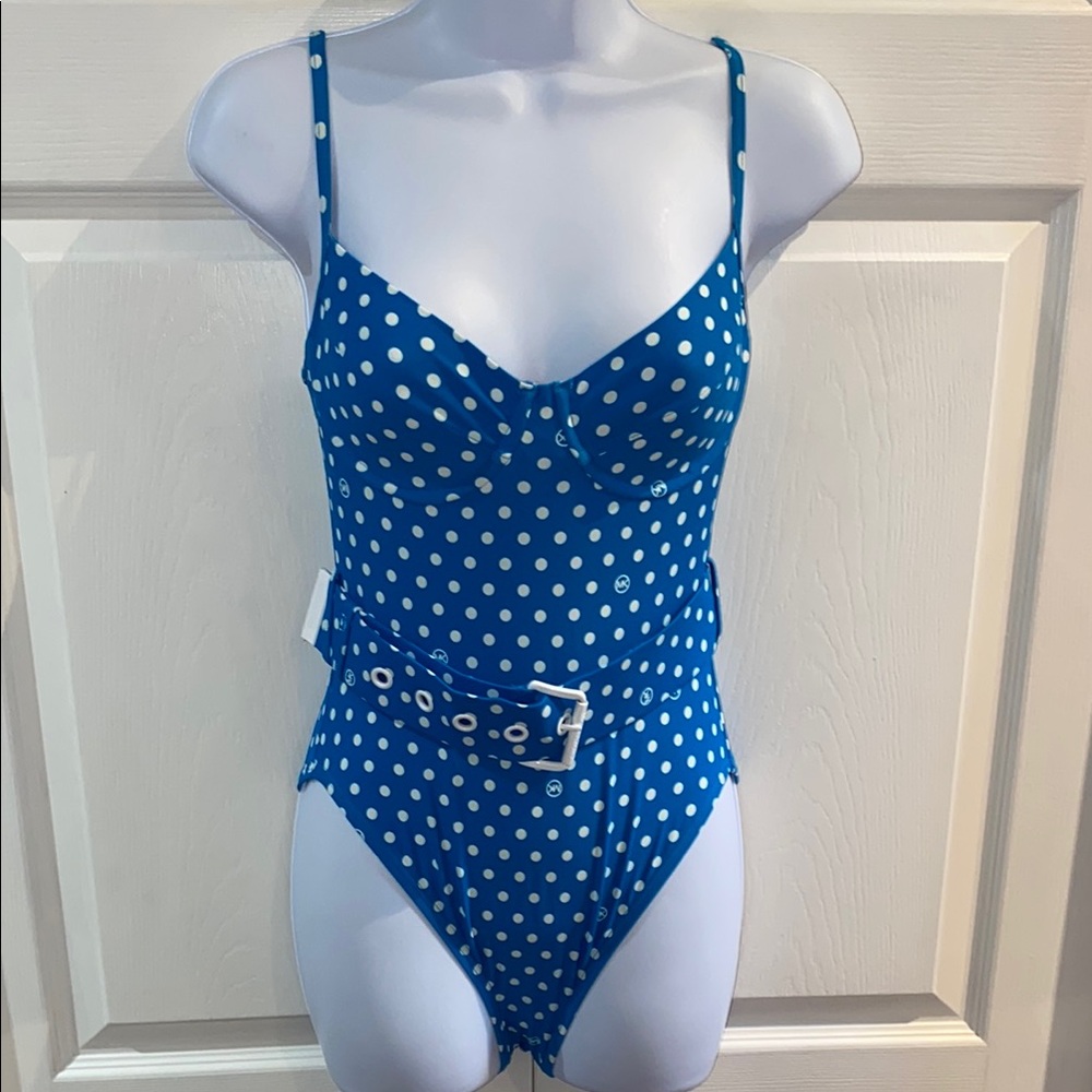 Michael Kors Swimsuit Polka Dot Belted Underwire One Piece Bathing Suit Size 8